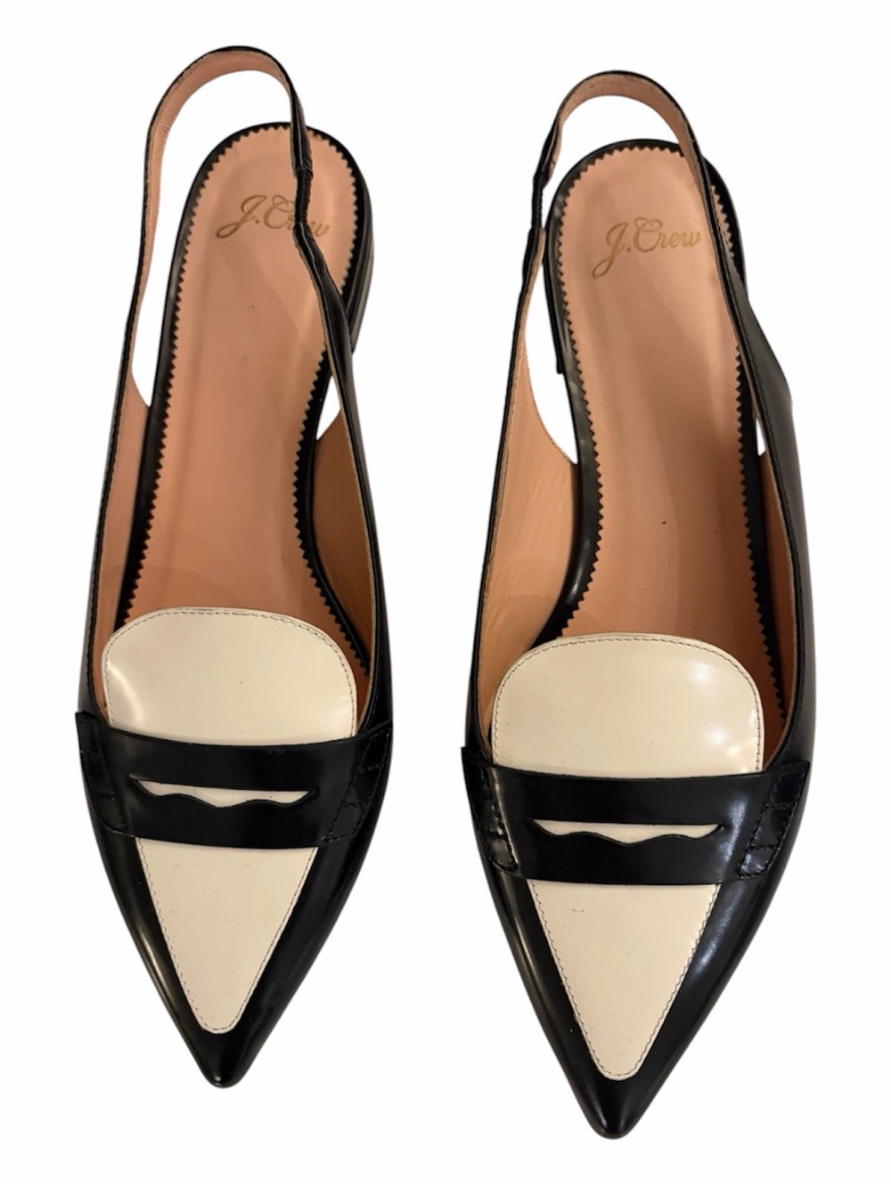 J. Crew Black and Cream Pointed Slingback Loafers